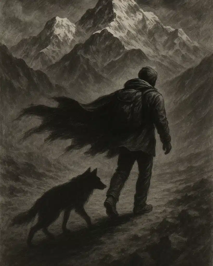 Hiker with Wolf Shadow