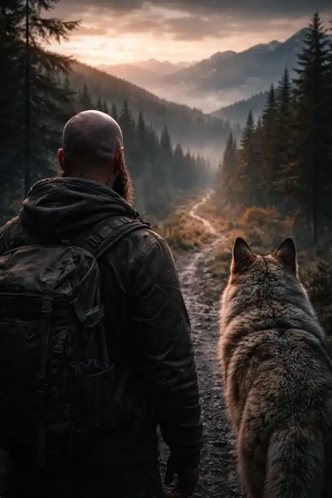 Grey wolf and the man on the trail