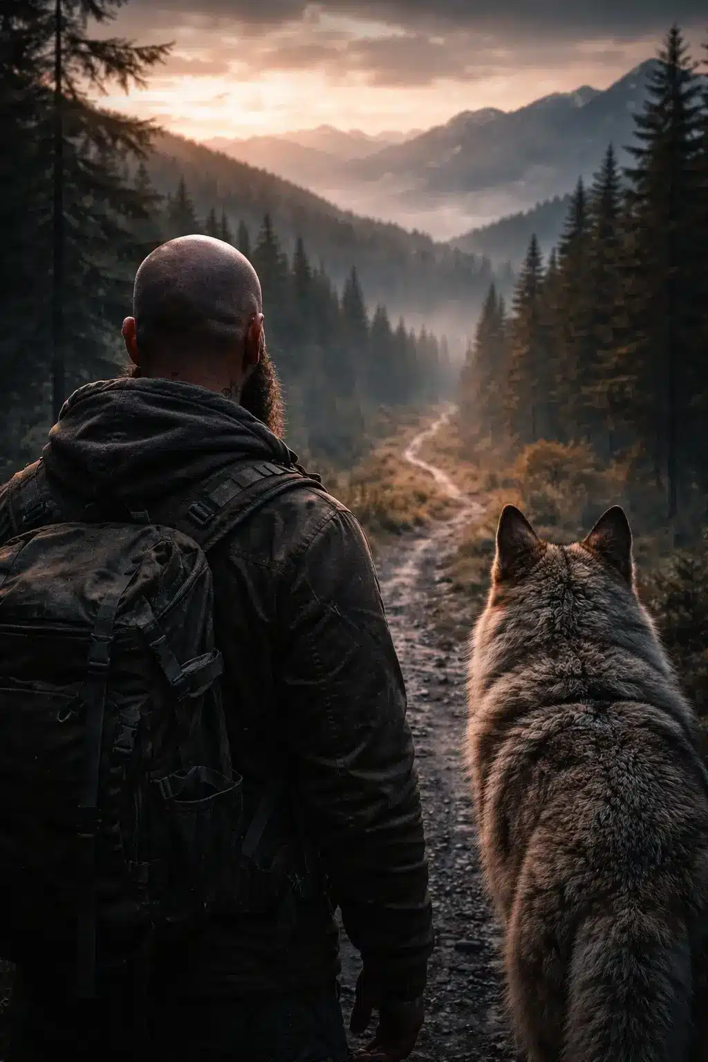 Grey wolf and the man on the trail
